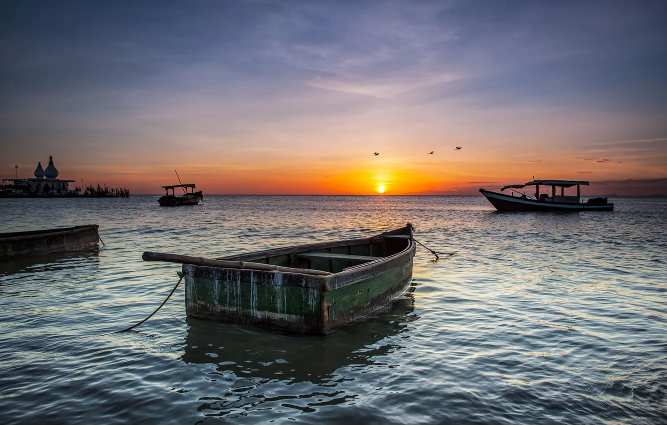 Photo wallpaper sea, sunset, boat