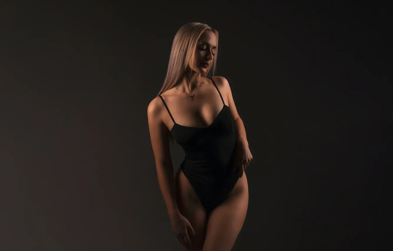 Photo wallpaper girl, studio, model, blonde, hips, standing, women indoors, Black Bodysuit