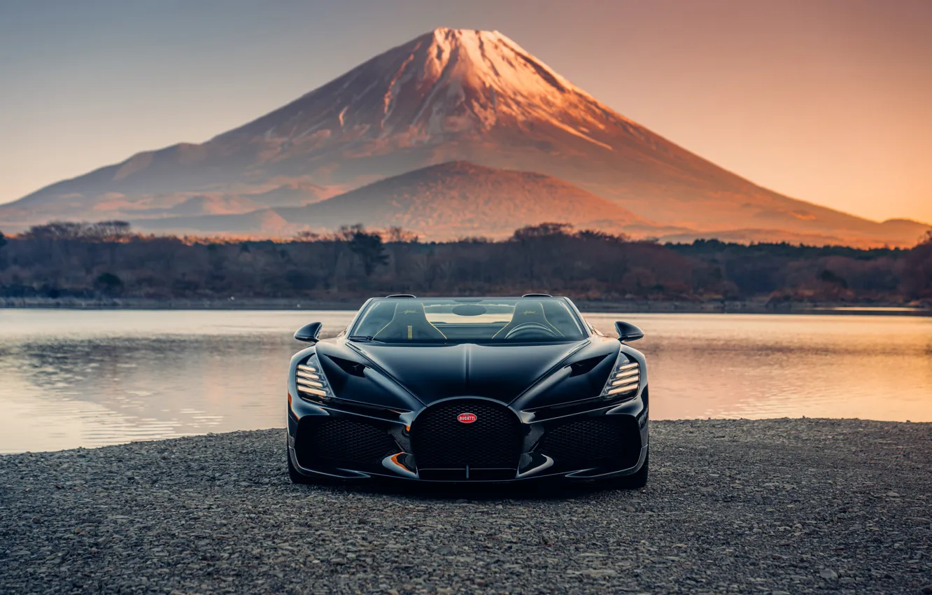 Photo wallpaper Bugatti, Japan, black, front, perfect, Fuji, mount, Mount Fuji