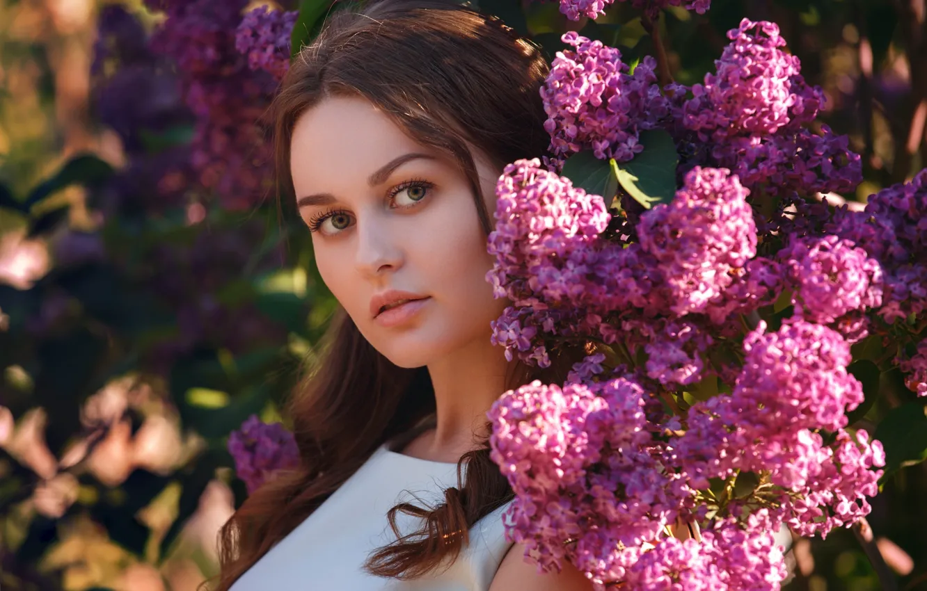 Photo wallpaper look, girl, flowers, branches, brunette, lilac