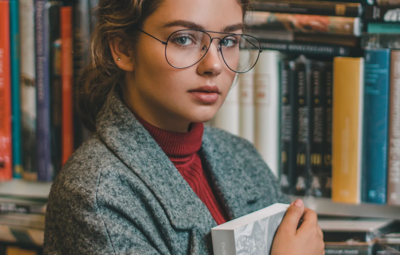 Photo wallpaper look, girl, glasses, book, library