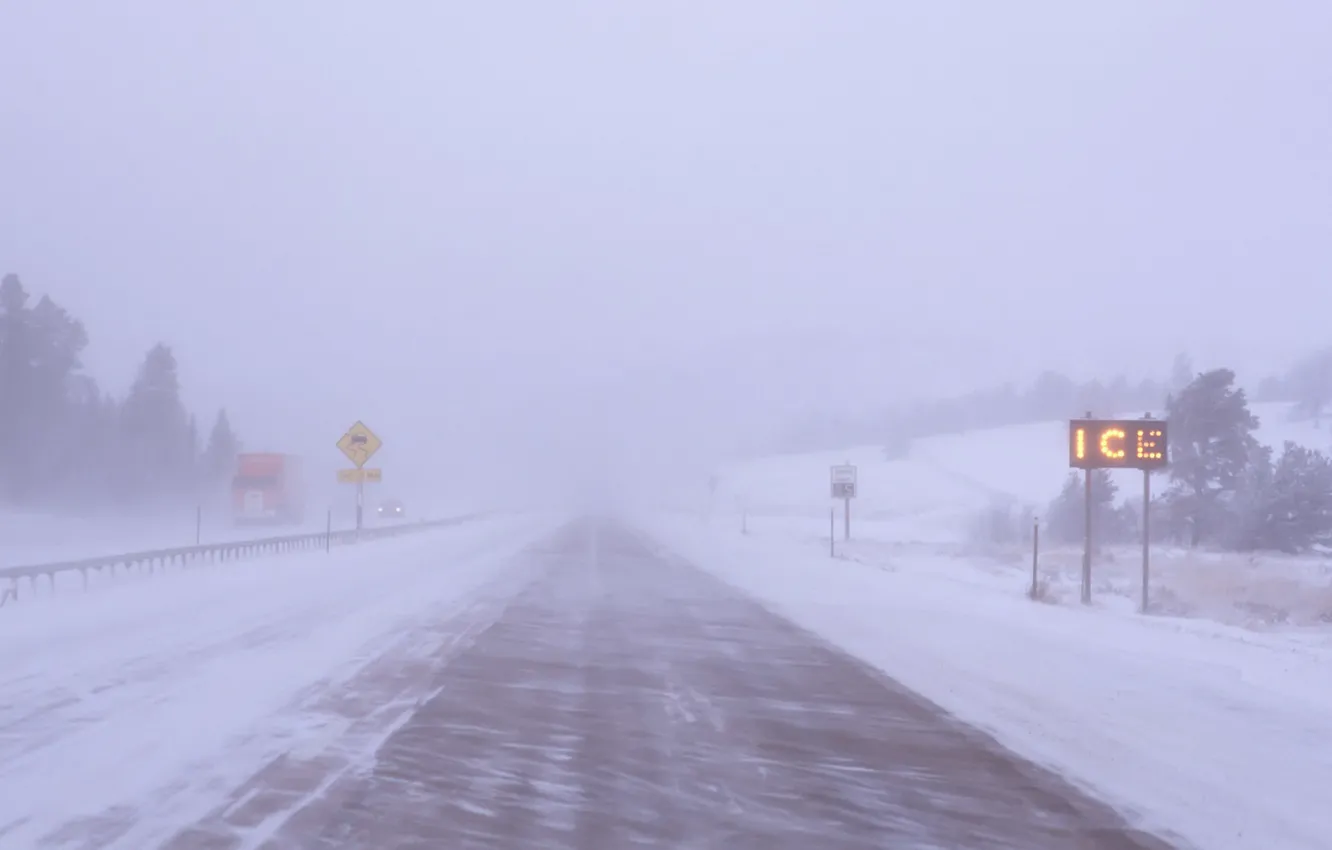 Photo wallpaper road, snow, fog, Blizzard