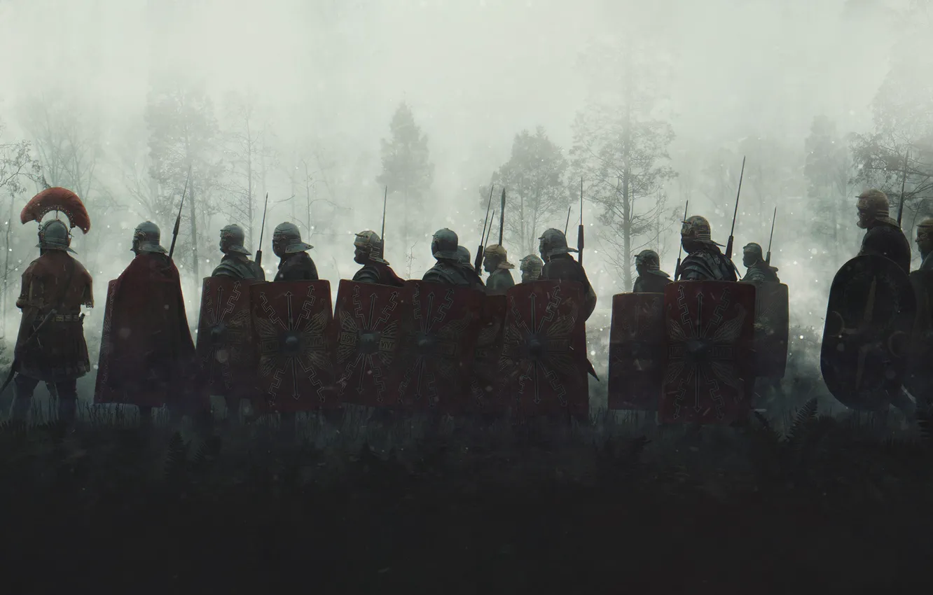 Photo wallpaper Fog, Morning, Soldiers, War, Legionaries, Shields, The Romans, Evgenij Kungur