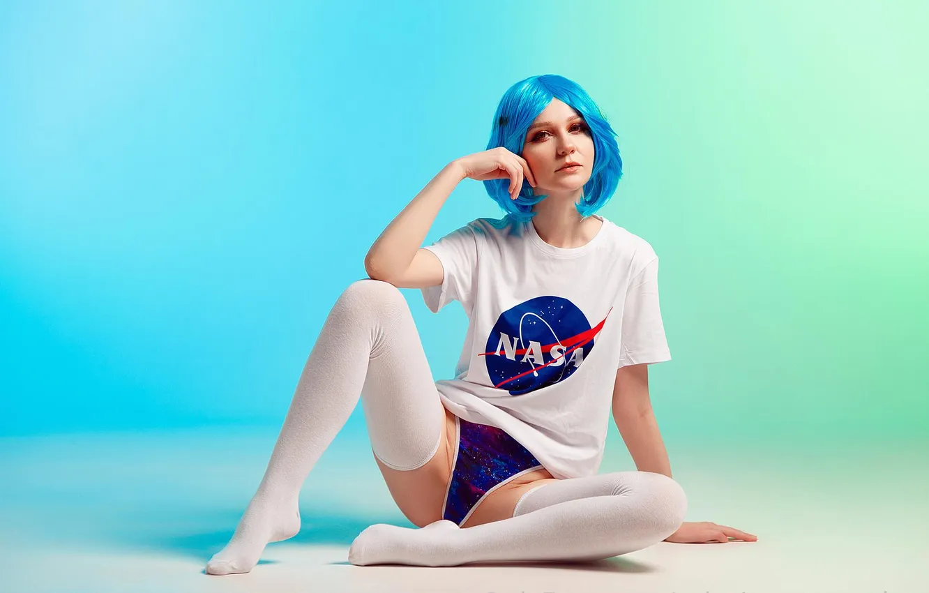 Photo wallpaper girl, stockings, beautiful, cosplay, t-shirt