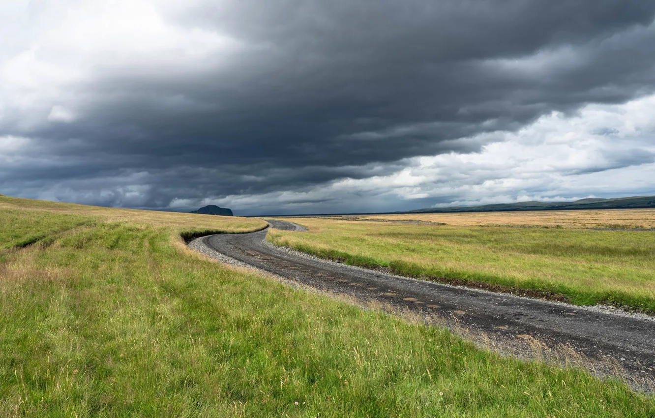 Photo wallpaper road, field, the sky, grass, clouds, the way, overcast, hills