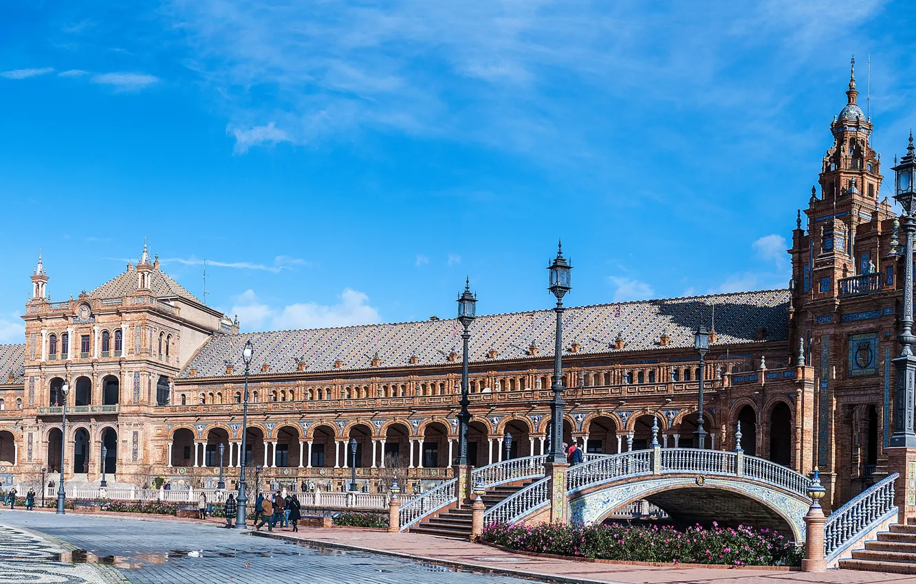 Photo wallpaper the sky, the sun, flowers, bridge, area, lights, Spain, Palace