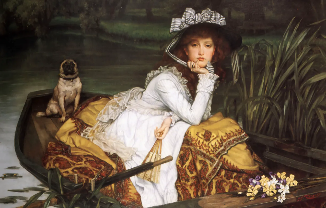 Photo wallpaper look, girl, boat, dog, picture