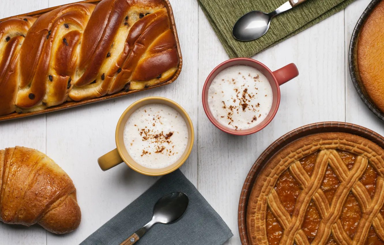 Photo wallpaper coffee, pie, cinnamon, cappuccino, cakes, foam, raisins, croissant