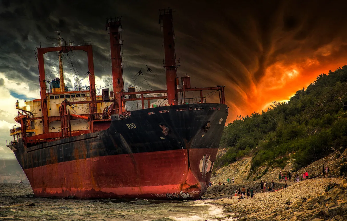 Photo wallpaper sea, landscape, shore, ship, slope, Paul Sahaidak