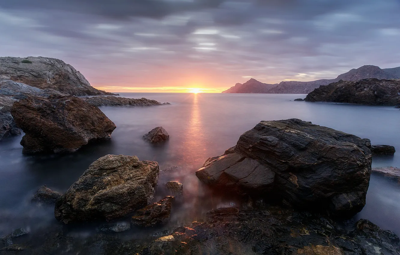 Photo wallpaper sunset, rocks, coast