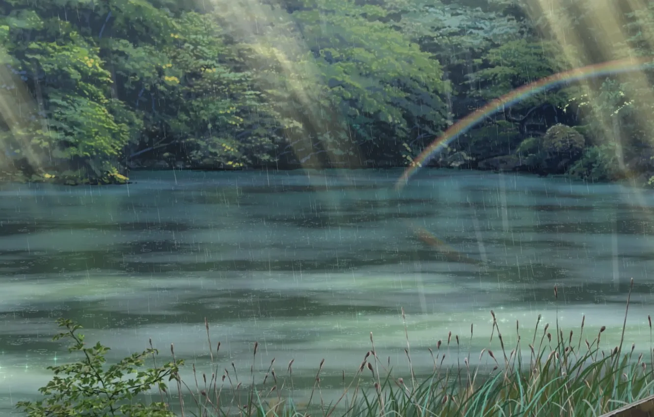 Photo wallpaper Greens, Nature, Rain, Park, Anime, Foliage, Makoto Xingkai, Anime