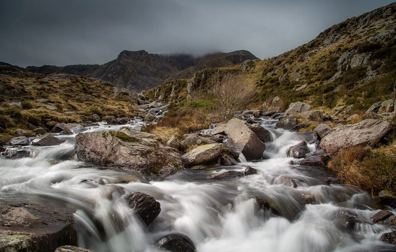 Photo wallpaper stones, stream, river, Wales, Snowdonia