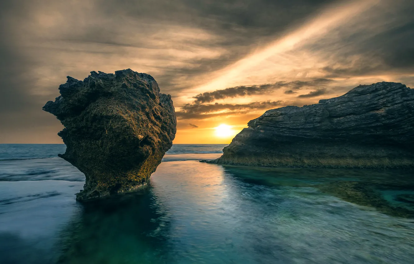 Photo wallpaper sea, the sun, rocks, The Rock
