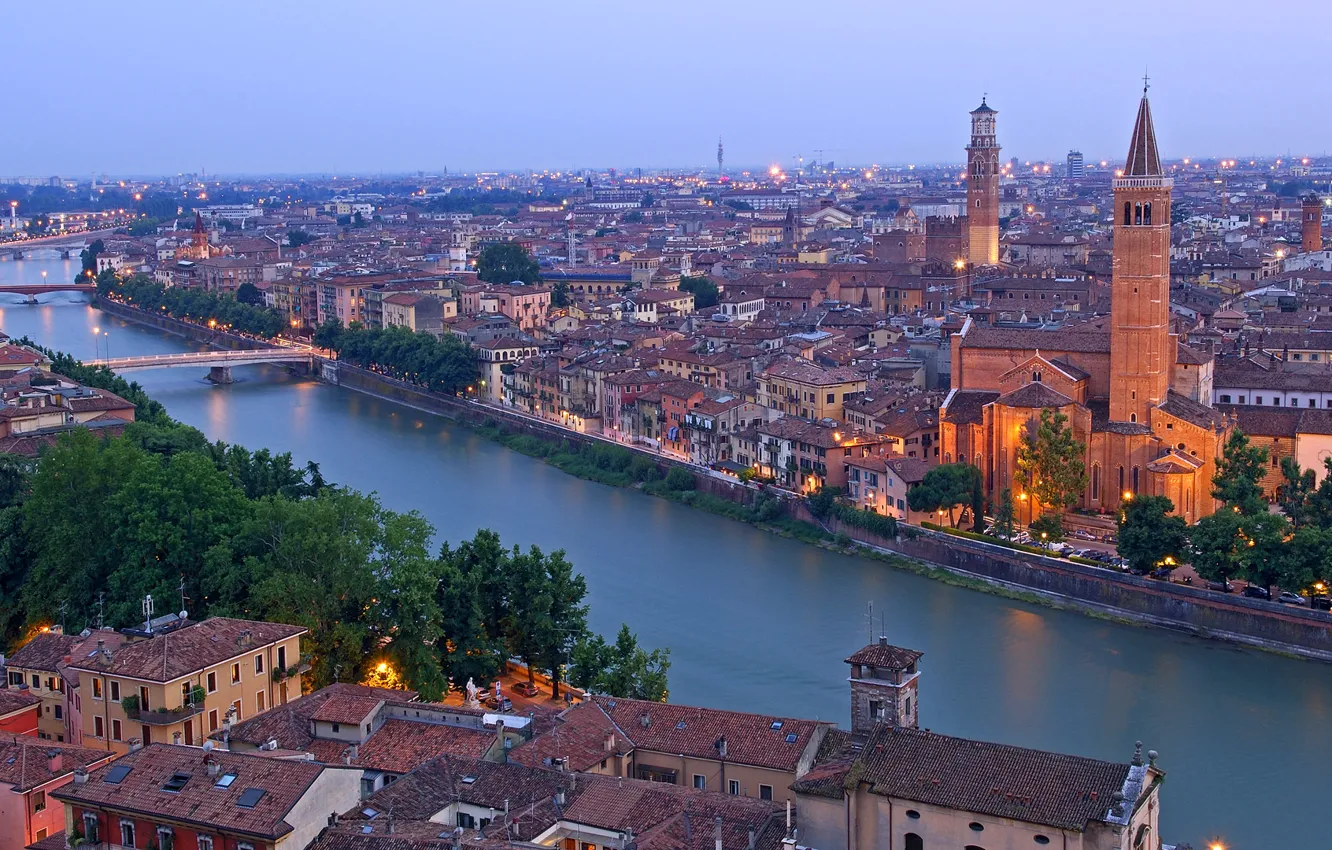 Photo wallpaper river, Italy, Church, bridges, Italy, Santa Anastasia church, Torre dei Lamberti, Verona