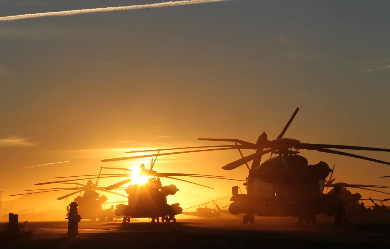 Photo wallpaper the sun, sunset, helicopter