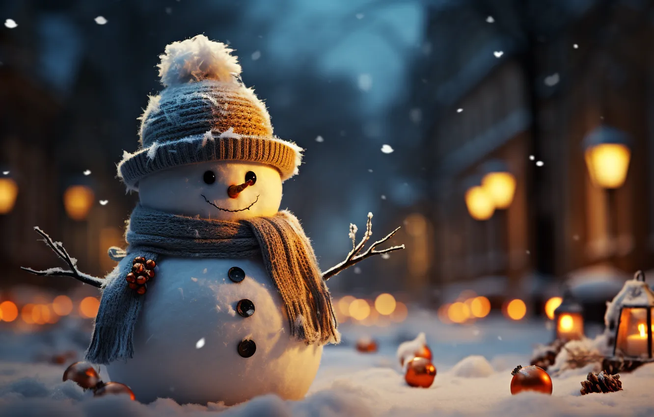 Photo wallpaper winter, snow, new year, Christmas, snowman, Christmas, night, winter