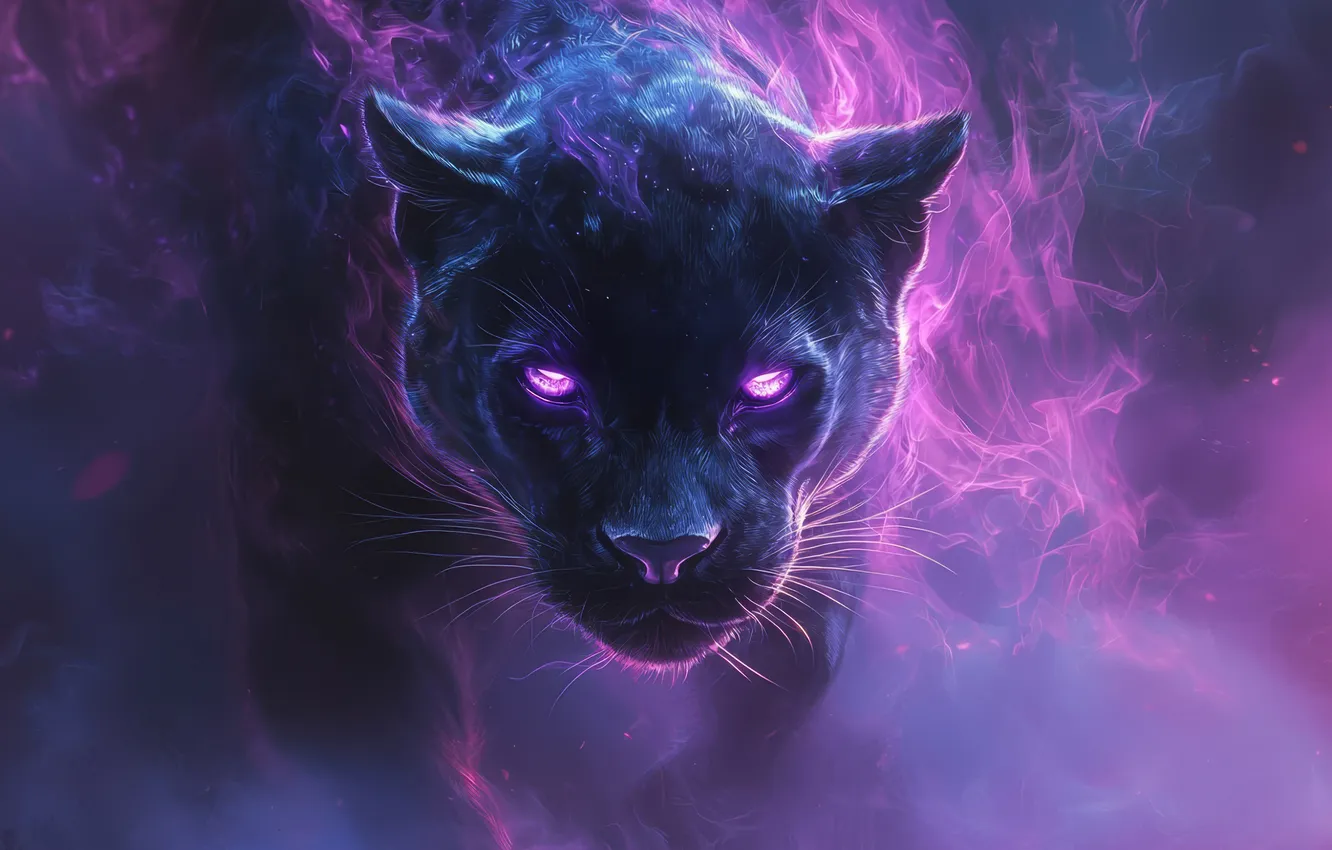Photo wallpaper Panther, digital art, digital art, glowing eyes, artificial intelligence, purple haze, Stability AI, AI Art