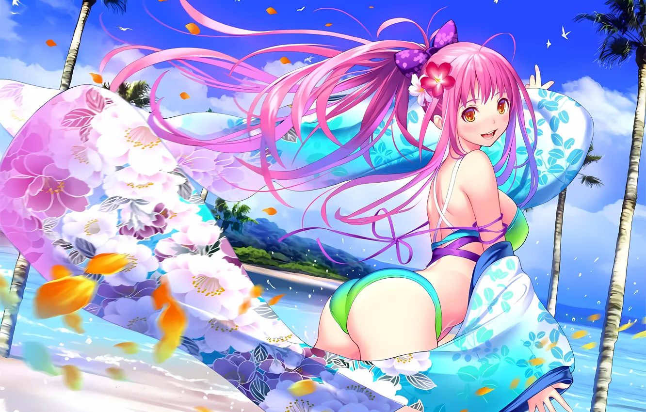 Photo wallpaper girl, sexy, ass, cleavage, beach, pink hair, sky, long hair