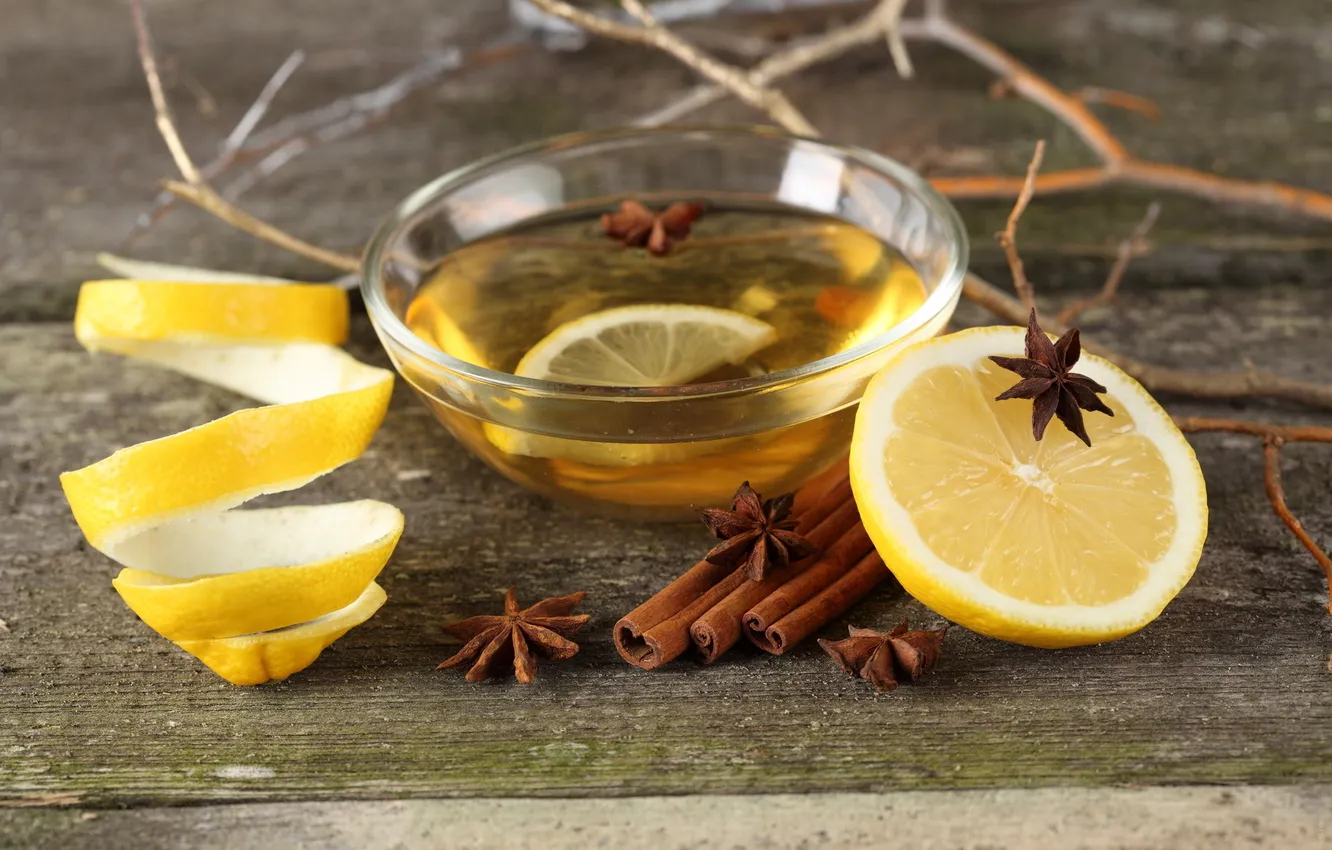 Photo wallpaper lemon, tea, branch, drink, cinnamon