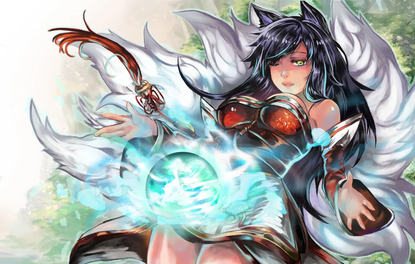 Photo wallpaper girl, magic, ball, art, ears, League of Legends, tails, LoL