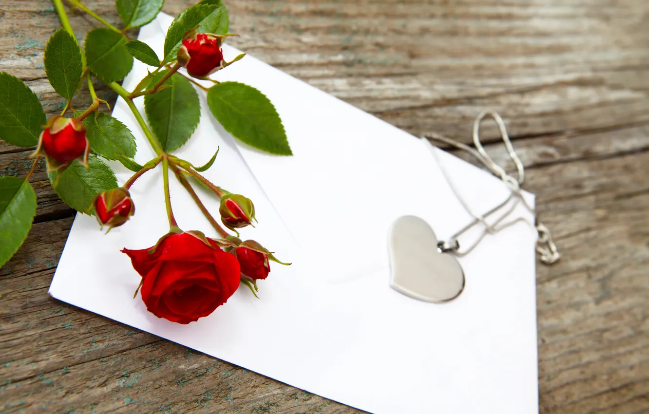Photo wallpaper red, heart, roses, pendant, chain, the envelope