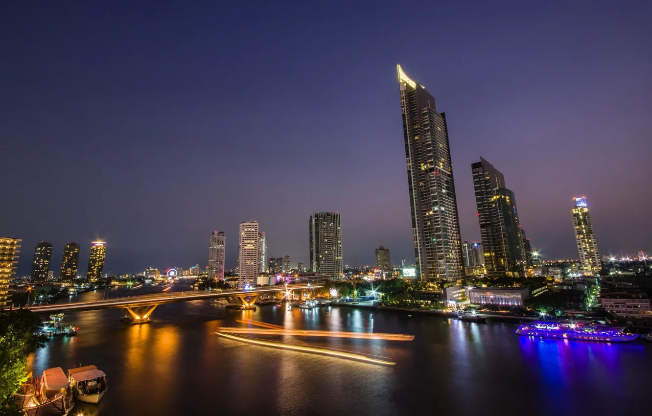 Photo wallpaper water, bridge, the city, boats, Thailand, Bangkok