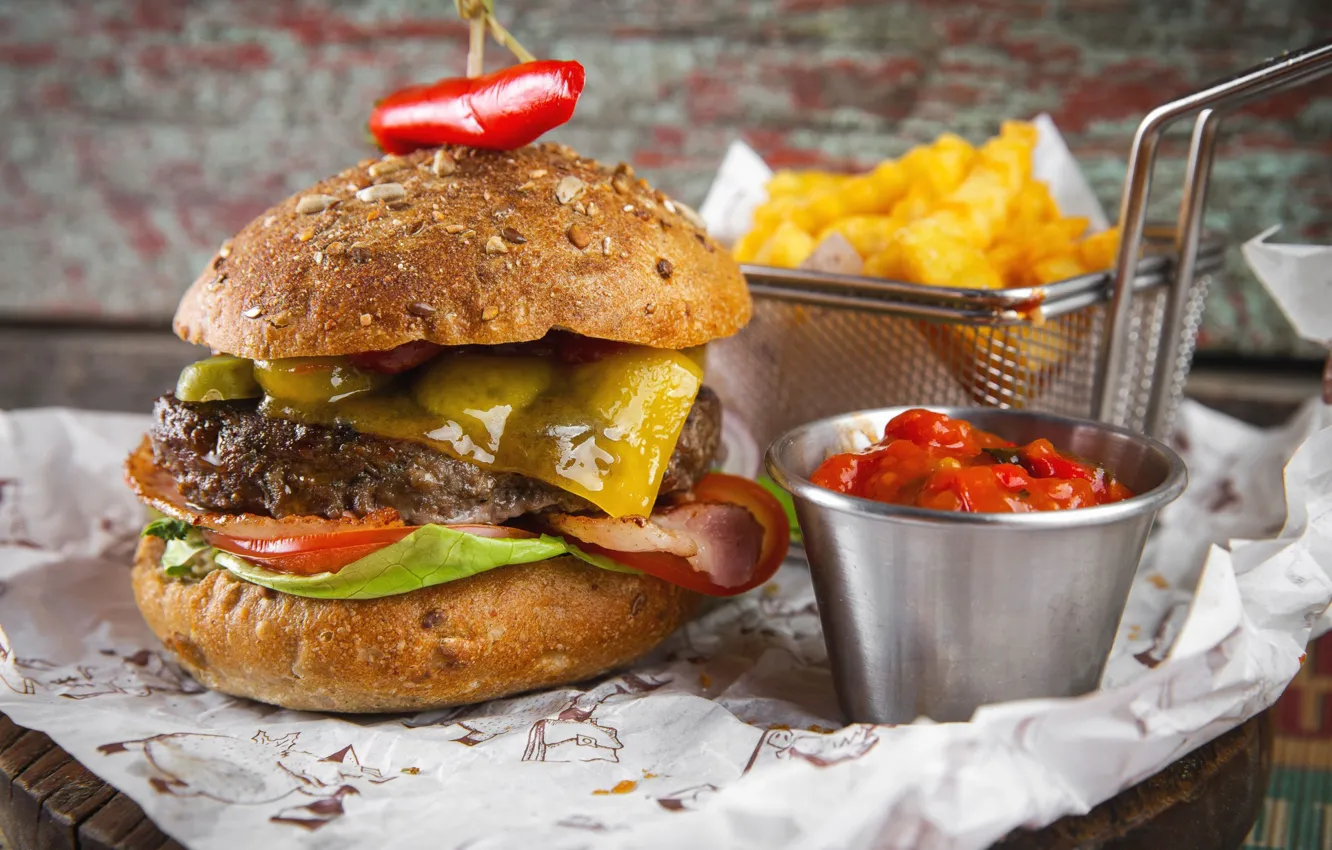 Photo wallpaper sauce, filling, Burger, fries