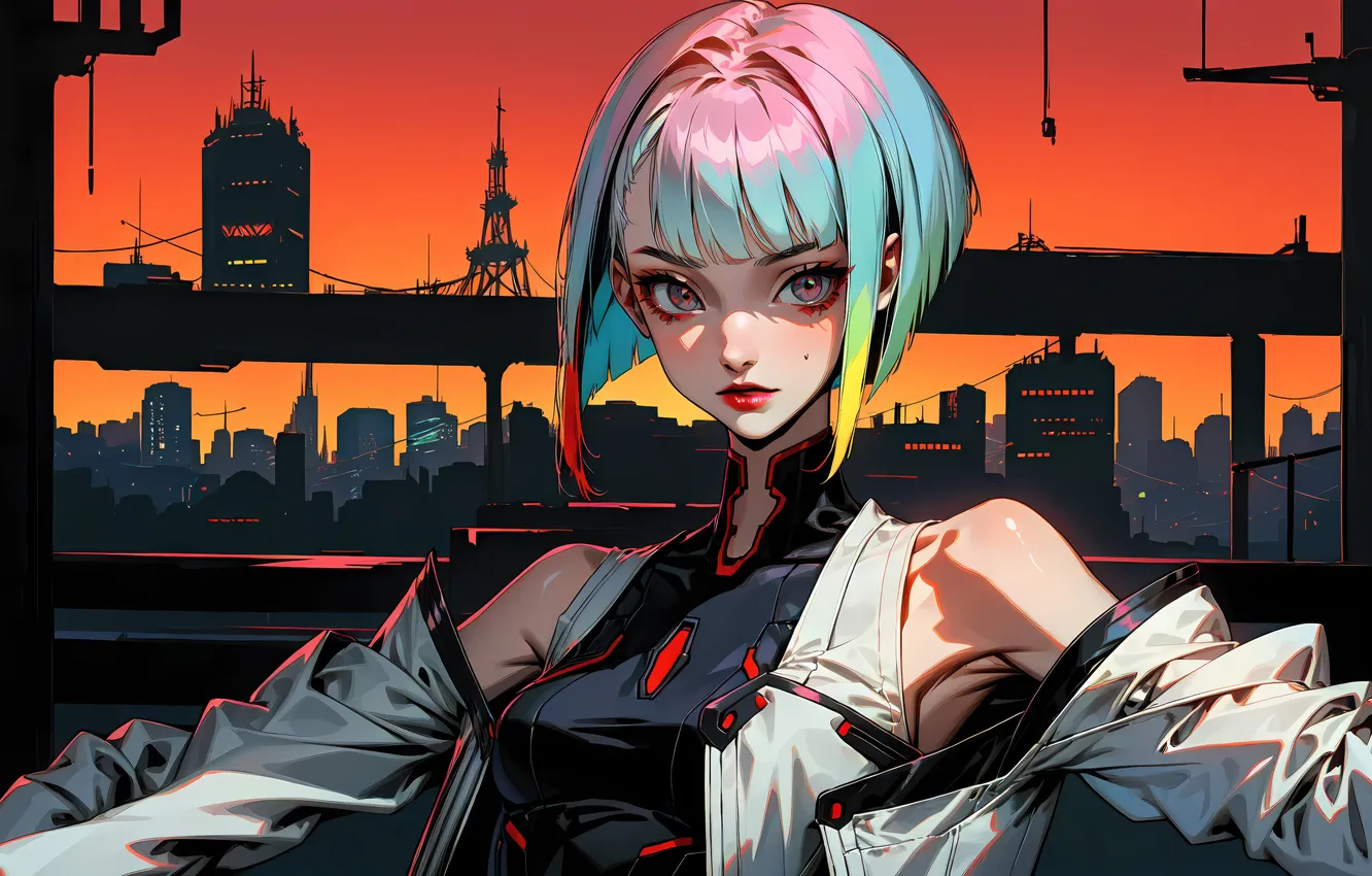 Photo wallpaper look, the city, blonde, stained glass, beautiful girl, Cyberpunk, Edgerunners, gaming experience