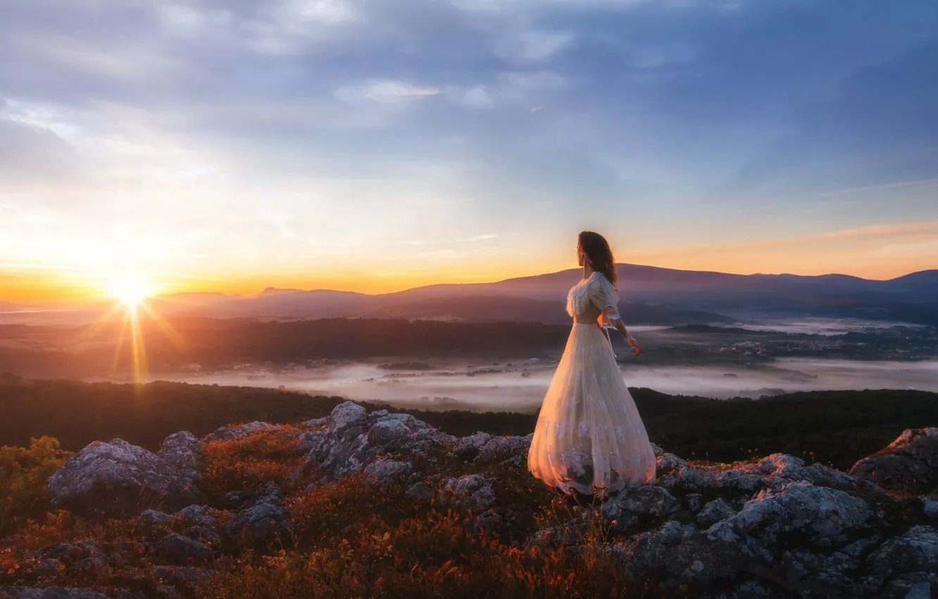 Photo wallpaper white, the sky, girl, the sun, clouds, rays, light, mountains