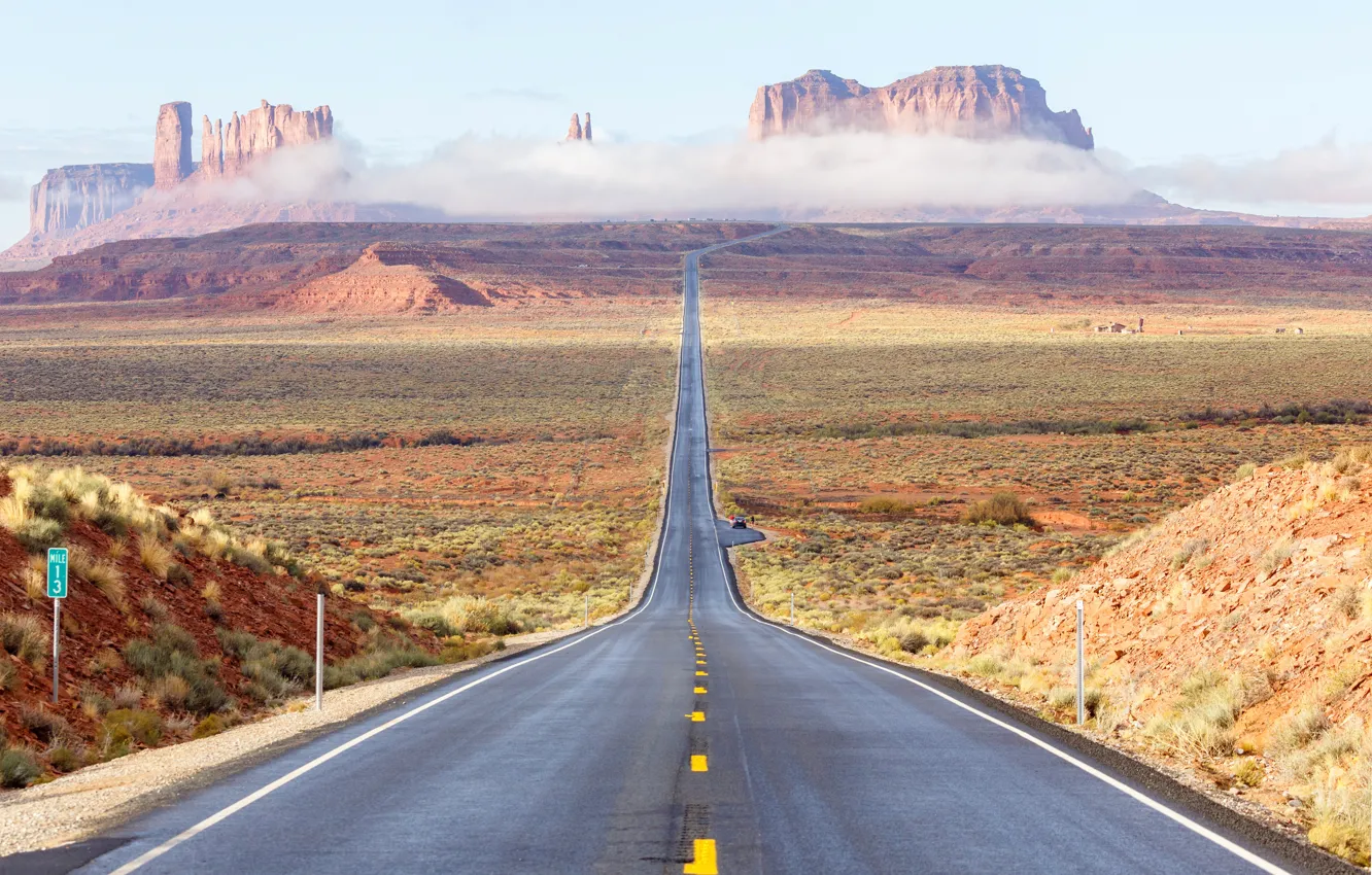 Photo wallpaper road, clouds, mountains, fog, USA, Monument valley