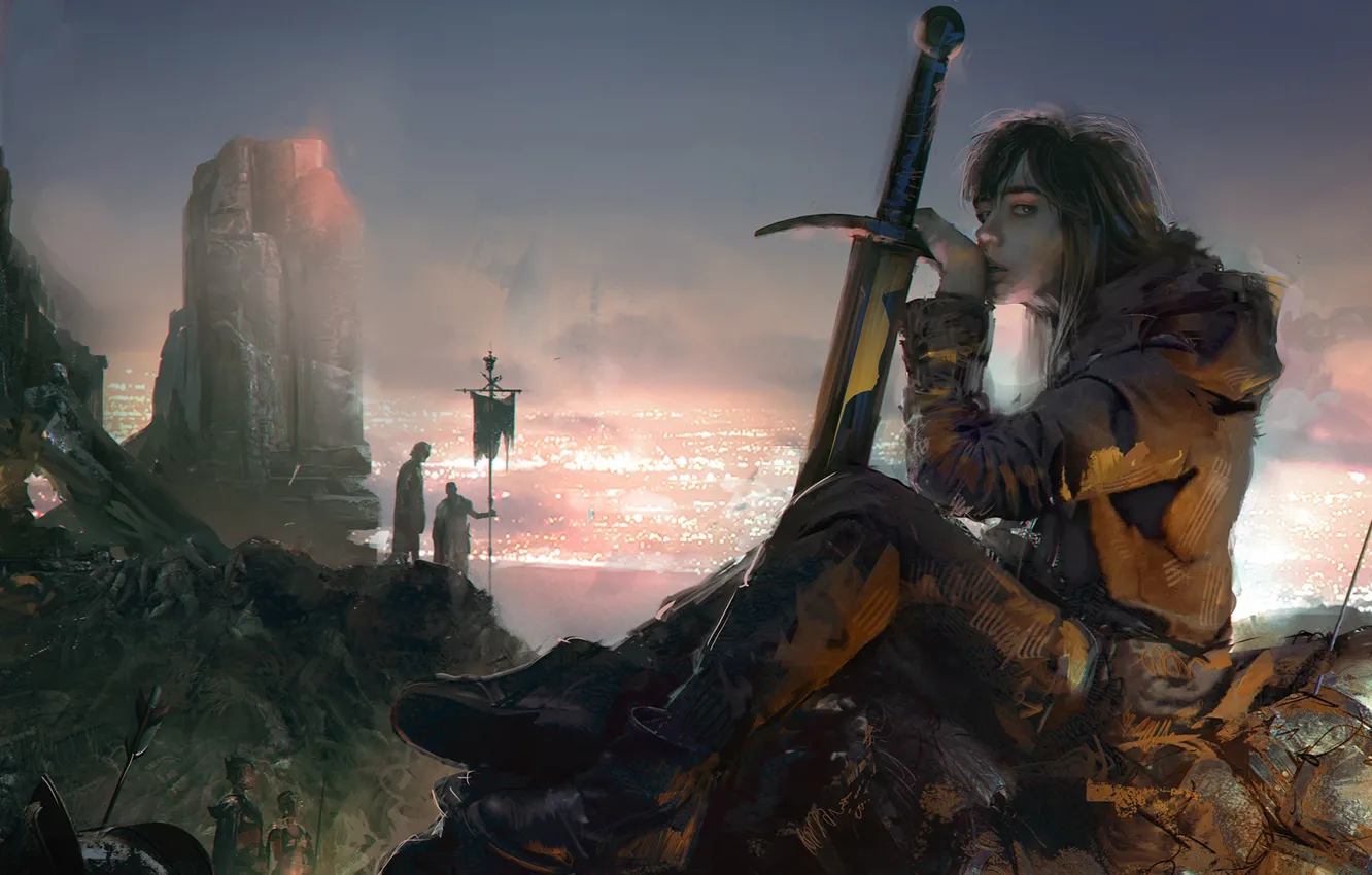 Photo wallpaper girl, fantasy, battlefield, fantasy art, Klaus Wittmann