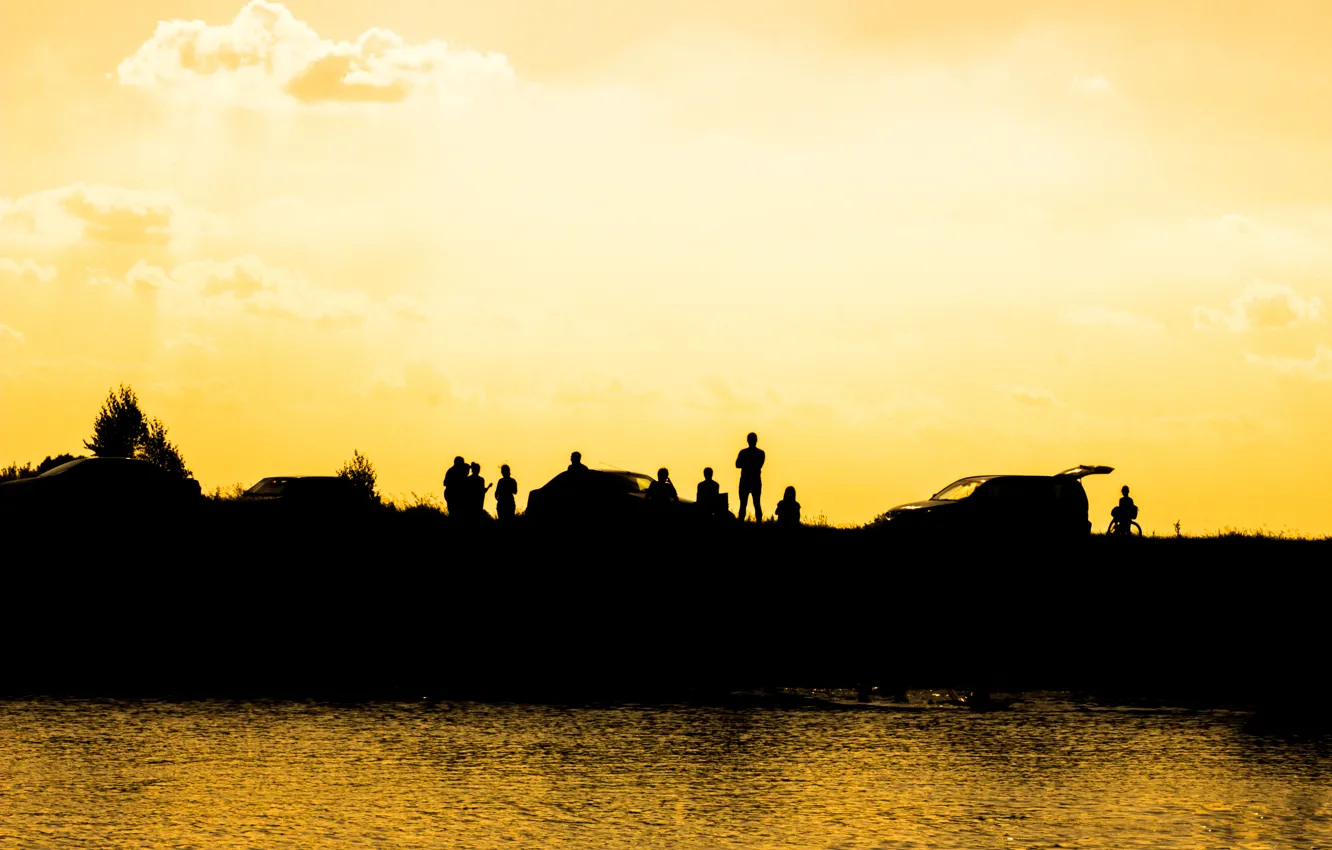 Photo wallpaper beach, sunset, people, silhouettes