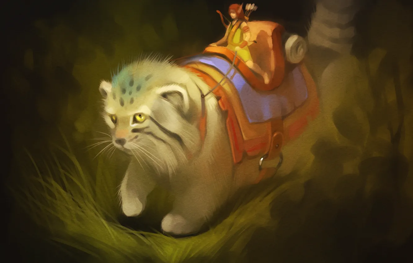 Photo wallpaper forest, grass, cat, elf, rider, art, Archer, manul
