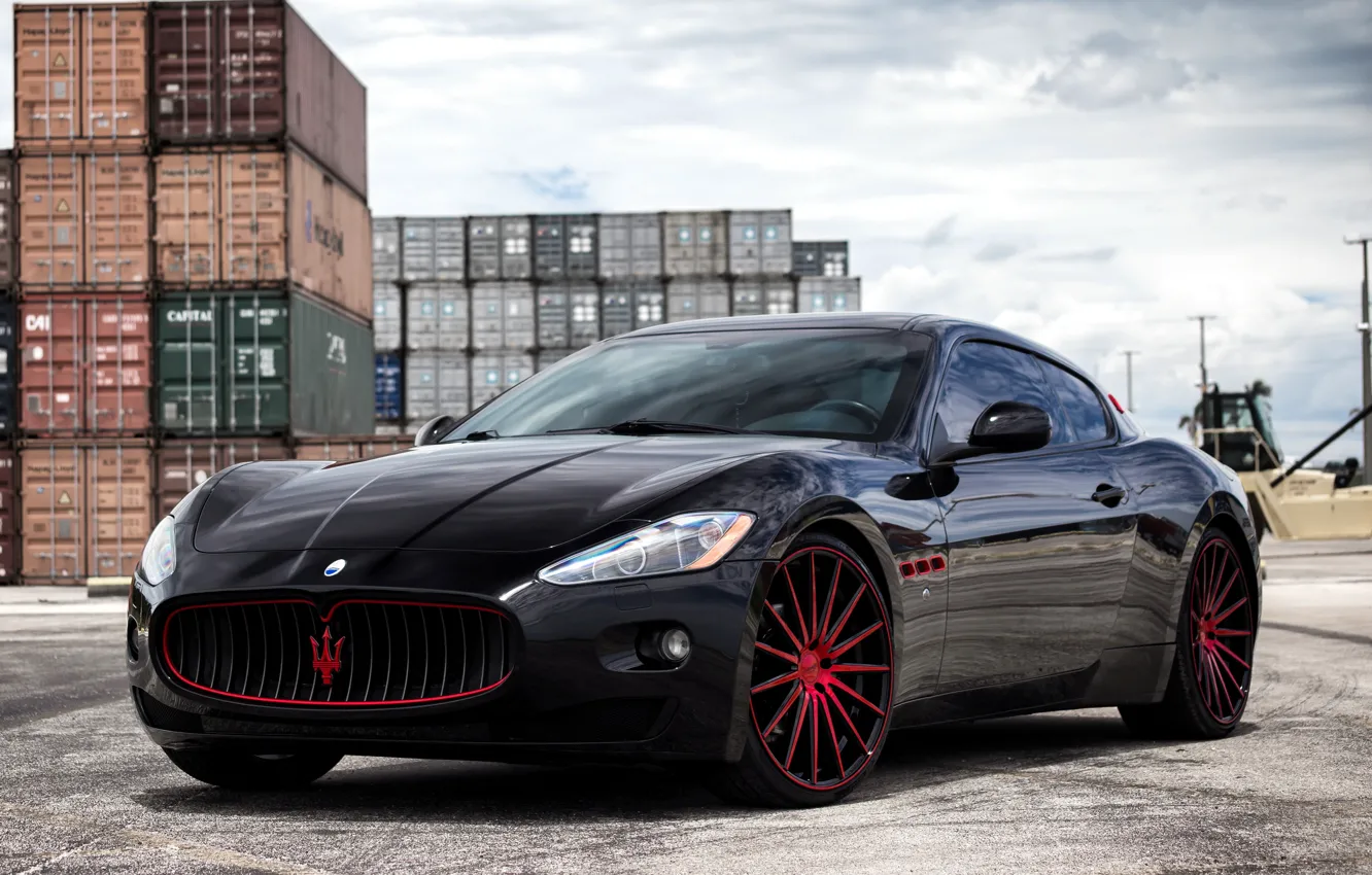 Photo wallpaper Maserati, black, GranTurismo, with, exterior, painted, lowered, Vossen wheels