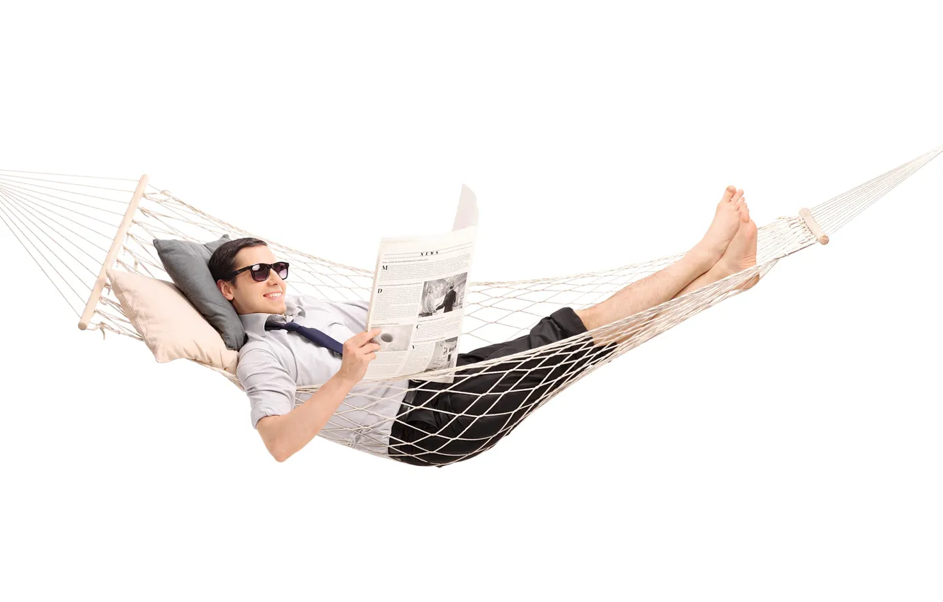 Photo wallpaper smile, hammock, newspaper, male