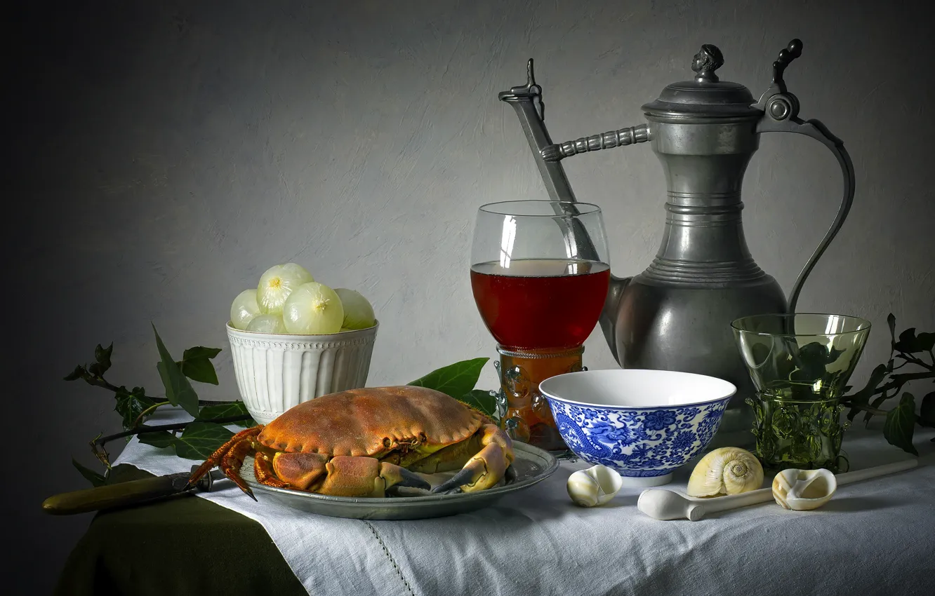 Photo wallpaper the dark background, table, wine, glass, crab, bow, dishes, pitcher