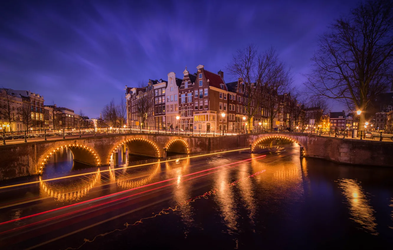 Photo wallpaper trees, bridge, lights, home, Amsterdam, channel, Netherlands