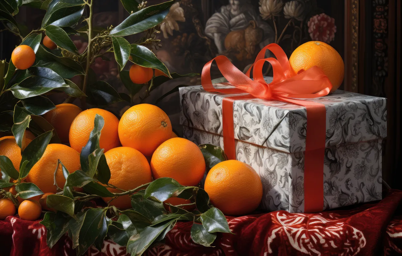 Photo wallpaper leaves, branches, box, gift, oranges, picture, Christmas, New year