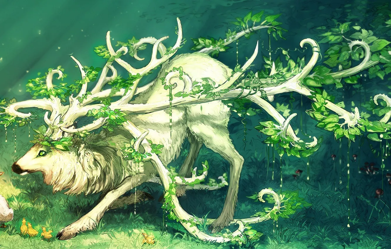 Photo wallpaper grass, foliage, meeting, grass, duck, fantasy art, foliage, Duckling