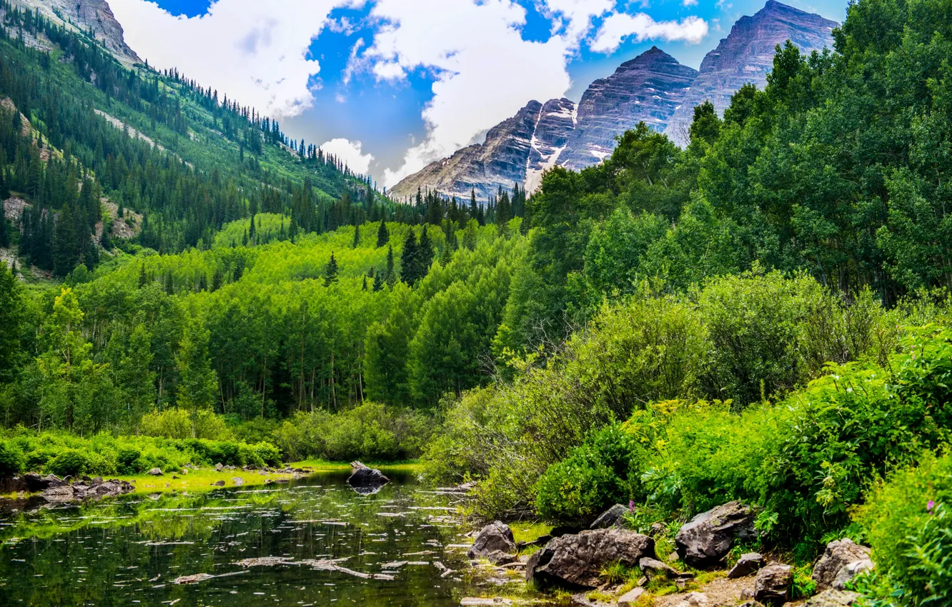 Photo wallpaper forest, clouds, mountains, lake, stones, USA, the bushes, Colorado