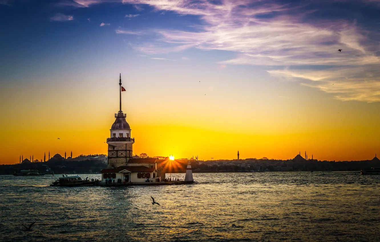 Photo wallpaper the sky, clouds, sunset, island, Istanbul, Turkey, the Bosphorus, Maiden tower