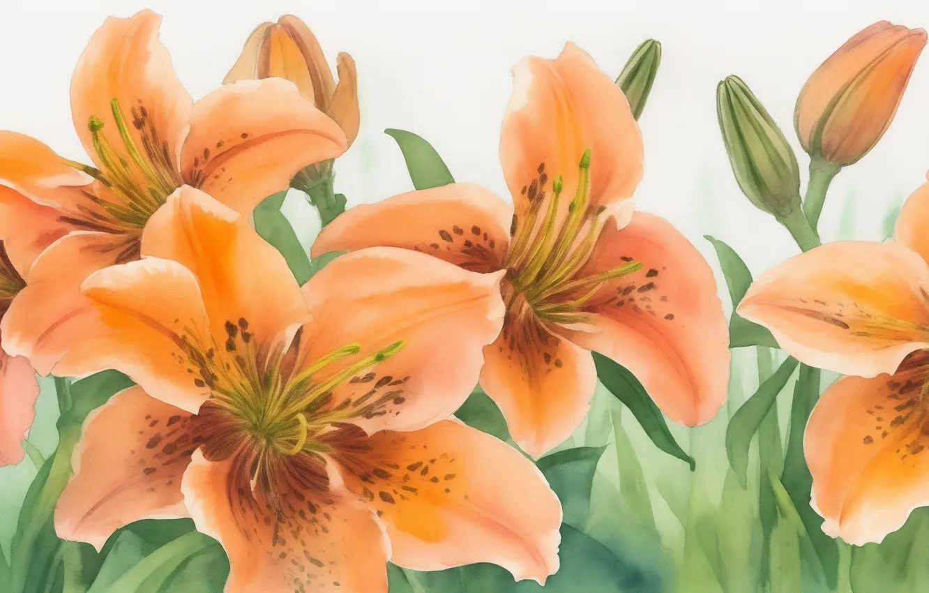 Photo wallpaper flowers, orange, green, green, tenderness, figure, Lily, spring