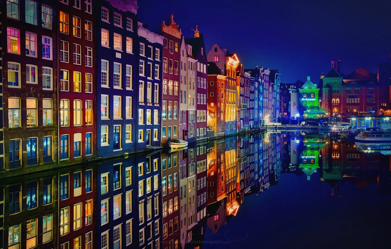Photo wallpaper night, the city, lights, reflection, river, home, Amsterdam