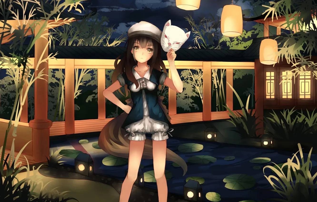 Photo wallpaper the sky, girl, clouds, night, bridge, anime, mask, art