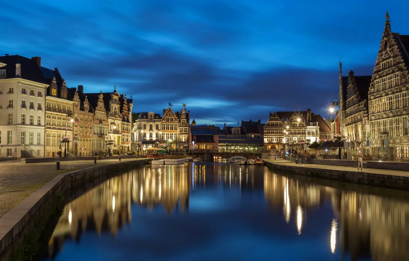 Photo wallpaper night, the city, photo, home, Belgium, Gent, water channel