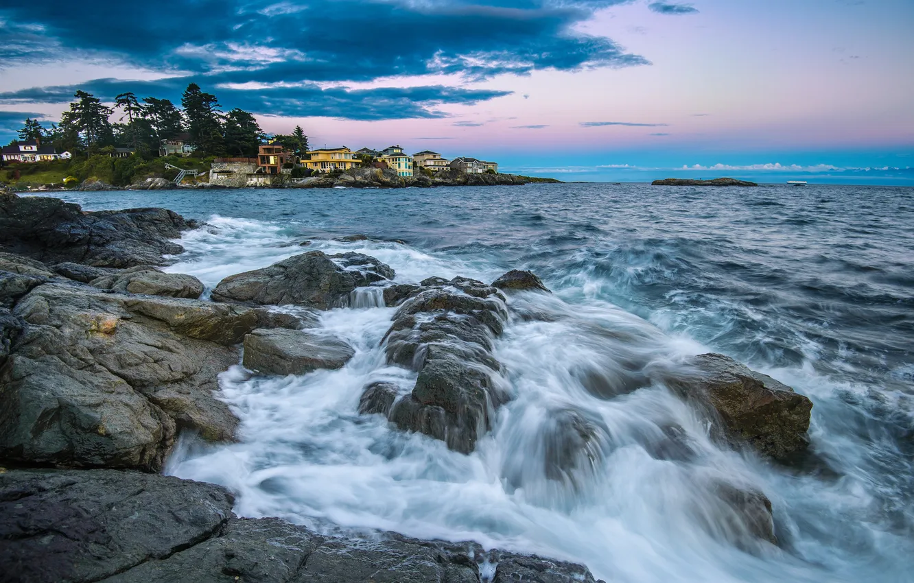 Photo wallpaper sea, sunset, stones, shore, home, stream, the evening