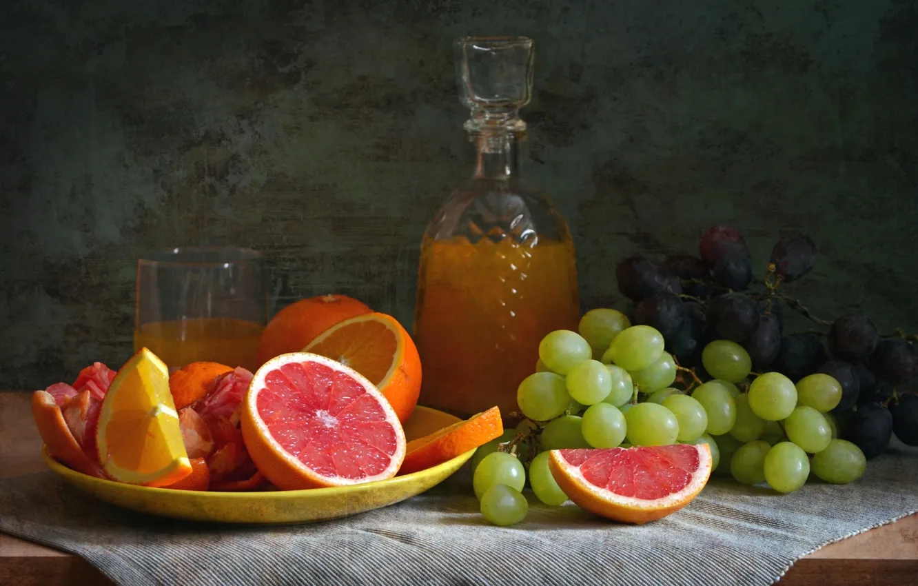 Photo wallpaper orange, juice, grapes, still life, citrus, grapefruit