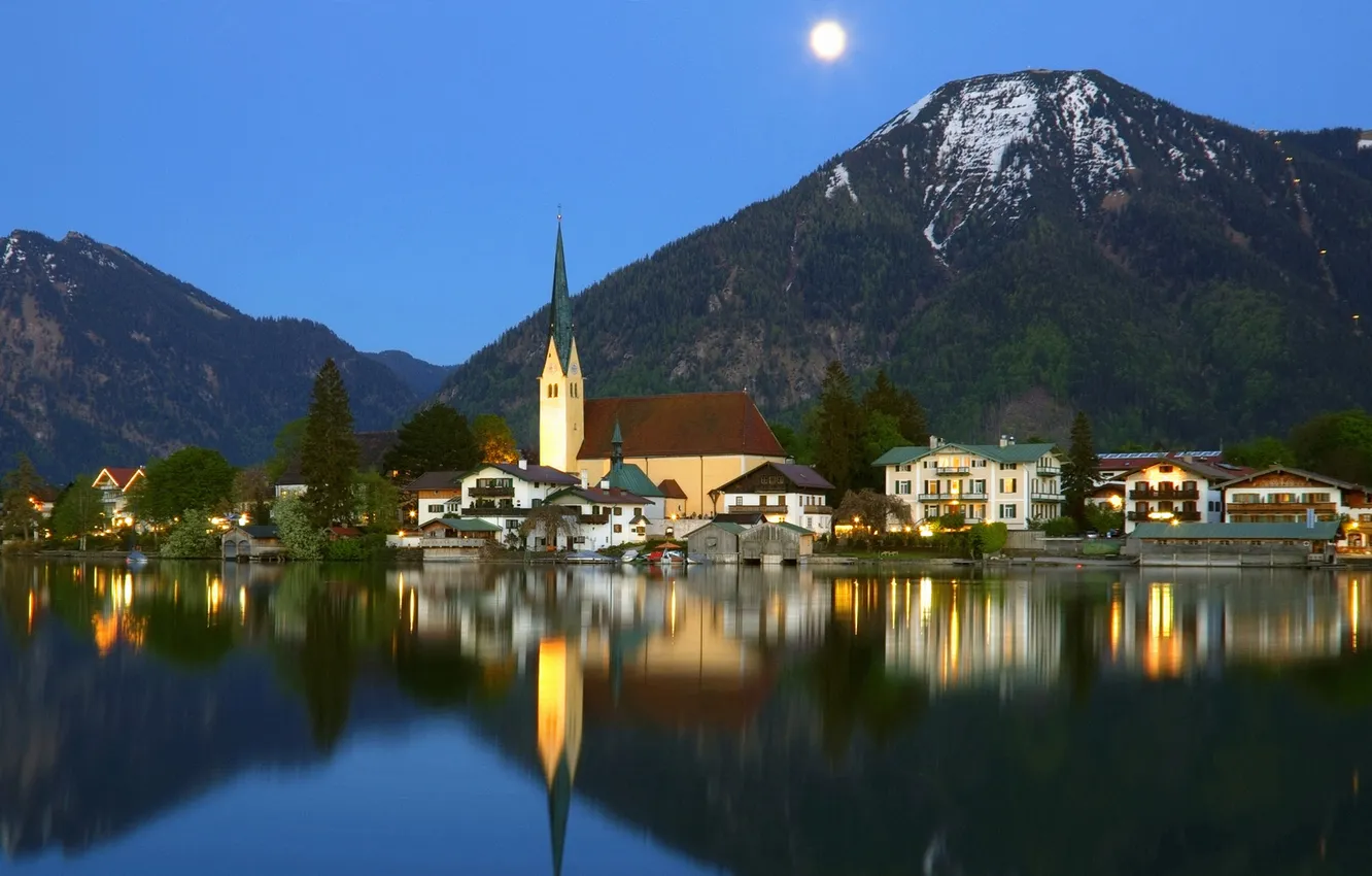 Photo wallpaper mountains, nature, the city, lake, reflection, home