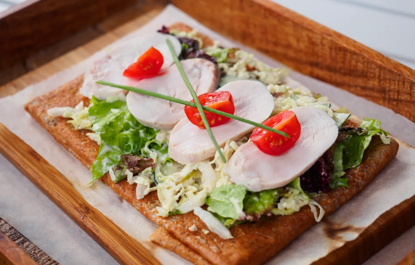Photo wallpaper meat, pancakes, tomatoes, salad
