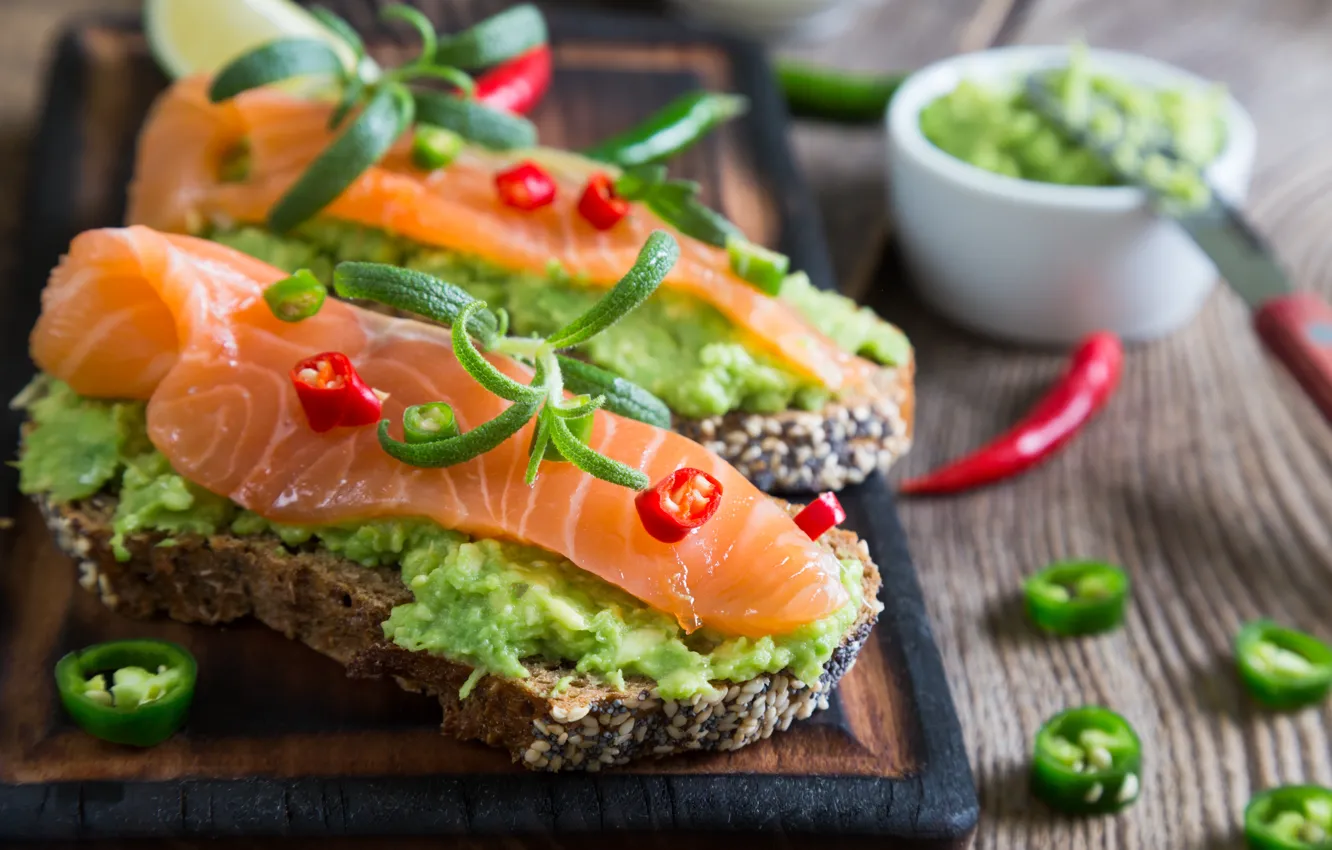 Photo wallpaper fish, bread, lime, pepper, sauce, wood, Chile, sandwiches